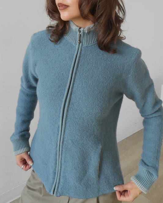 Blue wool zip-up sweater