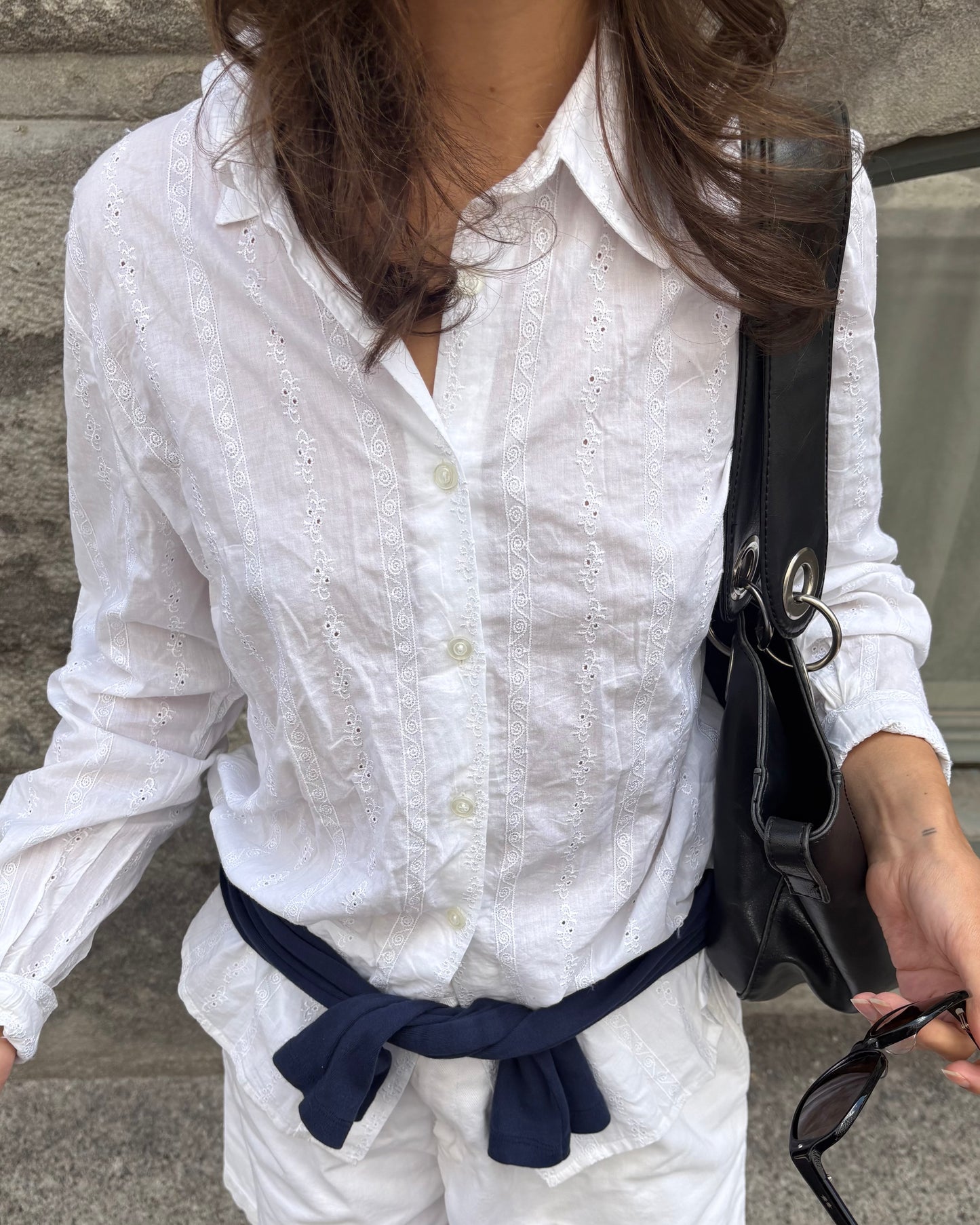 White cotton embroidered button up