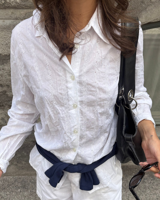 White cotton embroidered button up